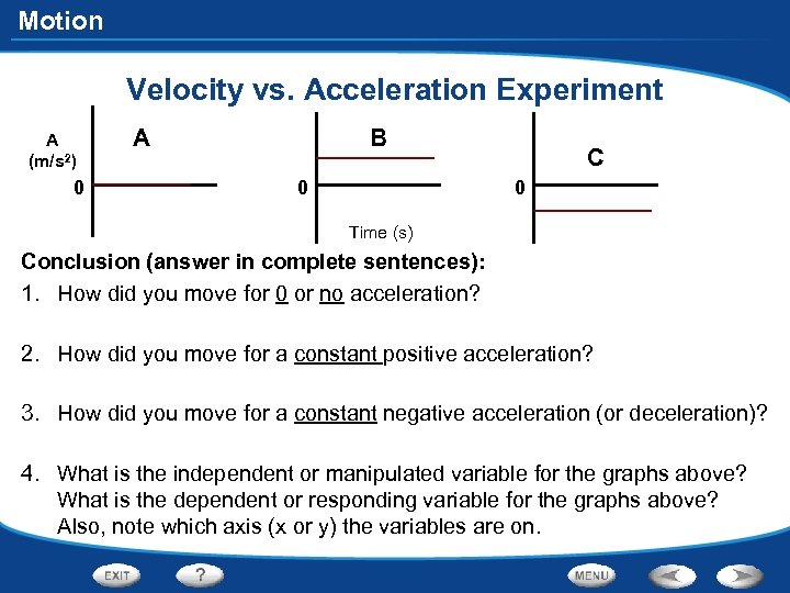 Motion Velocity vs. Acceleration Experiment A (m/s 2) 0 A B 0 C 0