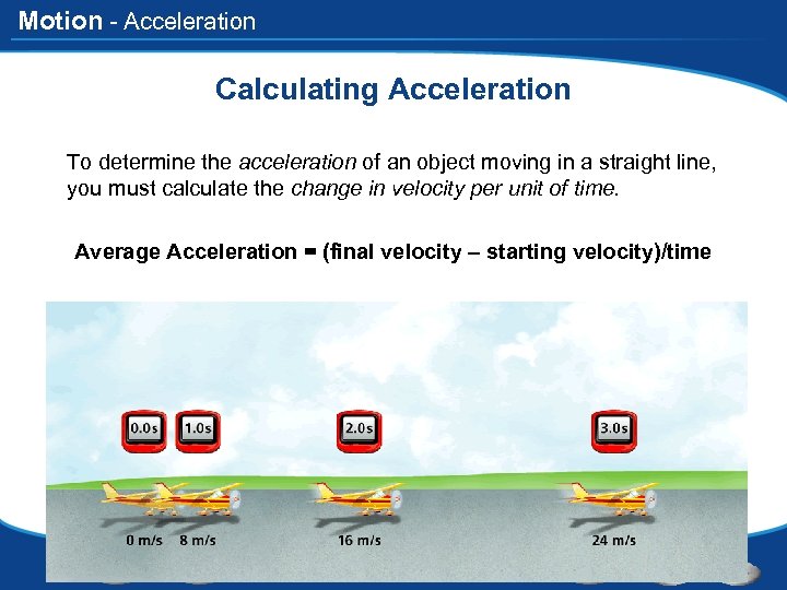 Motion - Acceleration Calculating Acceleration To determine the acceleration of an object moving in