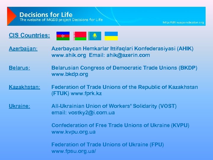 CIS Countries: Azerbaijan: Azerbaycan Hemkarlar Ittifaqlari Konfederasiyasi (AHIK) www. ahik. org Email: ahik@azerin. com
