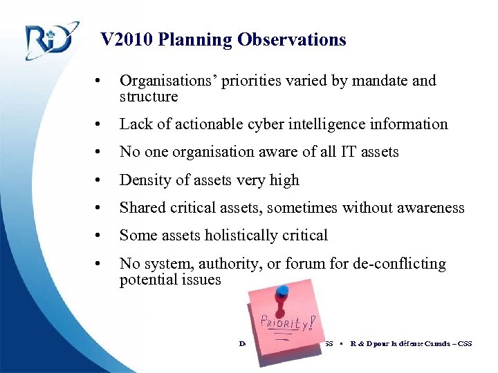 V 2010 Planning Observations • Organisations’ priorities varied by mandate and structure • Lack