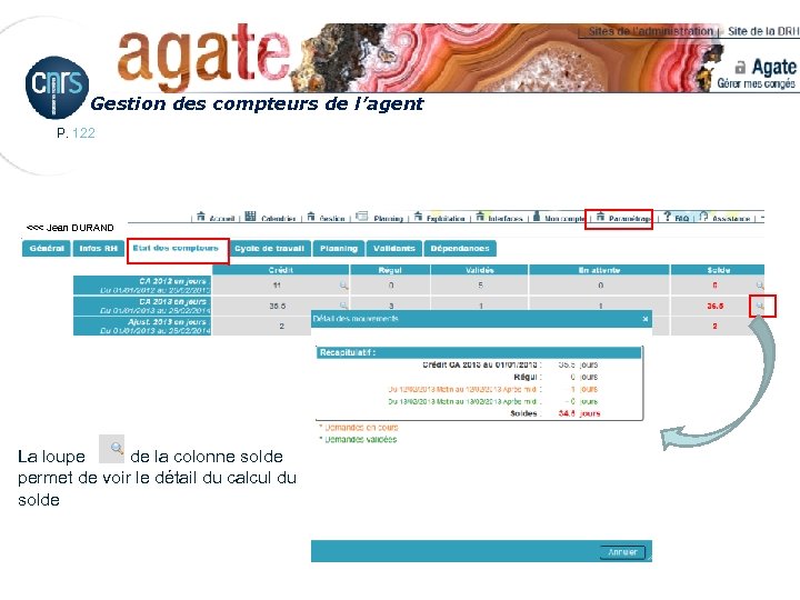 Gestion des compteurs de l’agent P. 122 <<< Jean DURAND La loupe de la