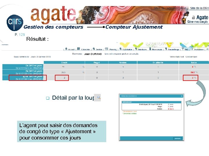 Gestion des compteurs P. 125 Compteur Ajustement Résultat : Jean DURAND q Détail par