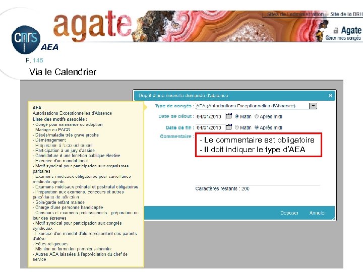 AEA P. 145 Via le Calendrier - Le commentaire est obligatoire - Il doit
