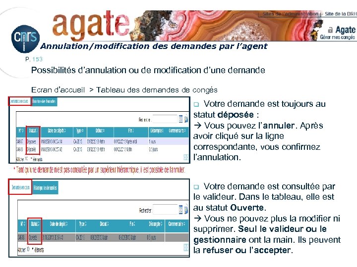 Annulation/modification des demandes par l’agent P. 153 Possibilités d’annulation ou de modification d’une demande