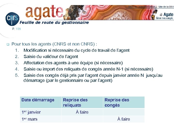 Feuille de route du gestionnaire P. 185 q Pour tous les agents (CNRS et