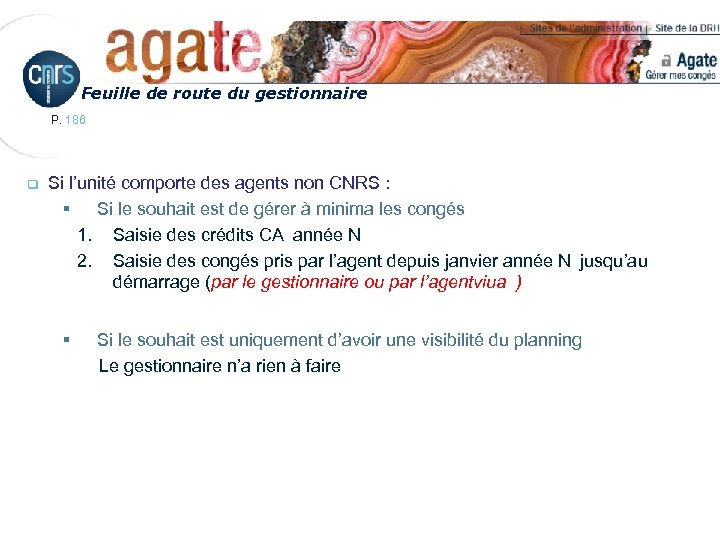 Feuille de route du gestionnaire P. 186 q Si l’unité comporte des agents non
