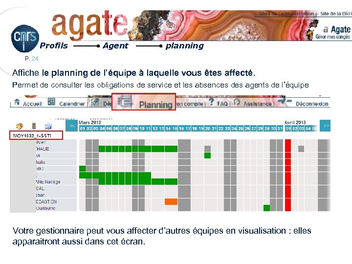 Profils Agent planning P. 24 Affiche le planning de l’équipe à laquelle vous êtes