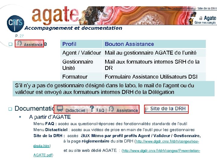 Accompagnement et documentation P. 27 q Assistance Profil Bouton Assistance Agent / Valideur Mail