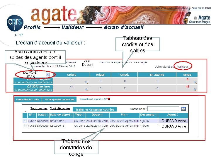 Profils Valideur P. 37 L’écran d’accueil du valideur : Accès aux crédits et soldes