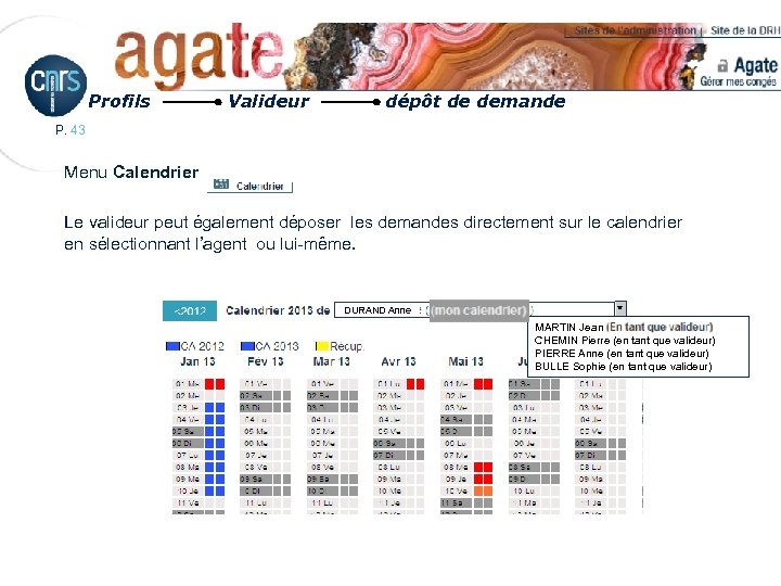 Profils Valideur dépôt de demande P. 43 Menu Calendrier Le valideur peut également déposer