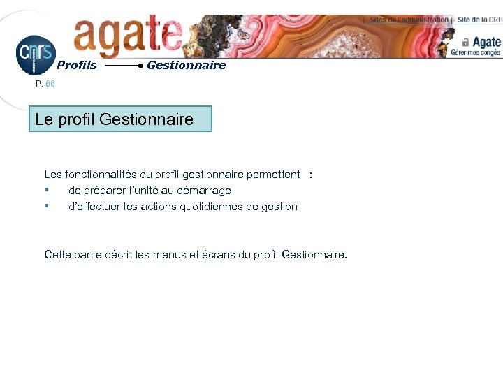 Profils Gestionnaire P. 66 Le profil Gestionnaire Les fonctionnalités du profil gestionnaire permettent :