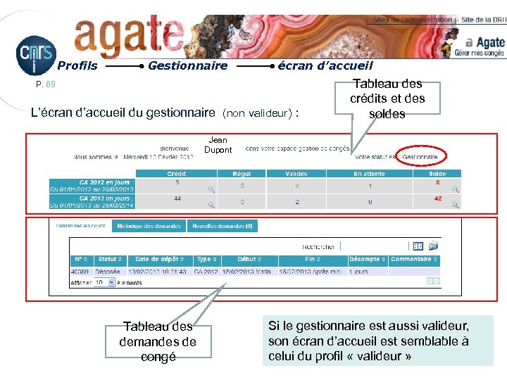 Profils Gestionnaire écran d’accueil P. 69 L’écran d’accueil du gestionnaire (non valideur) : Tableau
