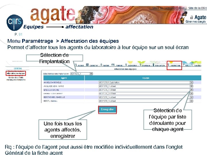 Equipes affectation P. 81 Menu Paramétrage > Affectation des équipes Permet d’affecter tous les