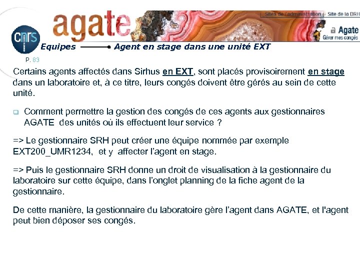 Equipes Agent en stage dans une unité EXT P. 83 Certains agents affectés dans