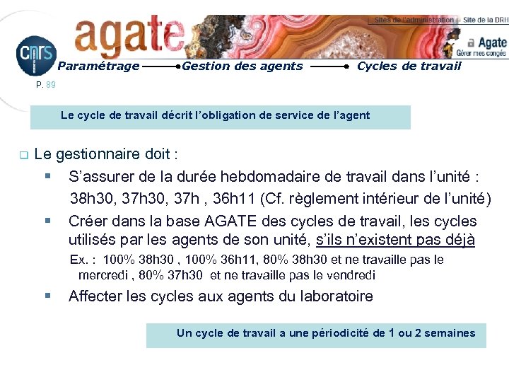 Paramétrage Gestion des agents Cycles de travail P. 89 Le cycle de travail décrit