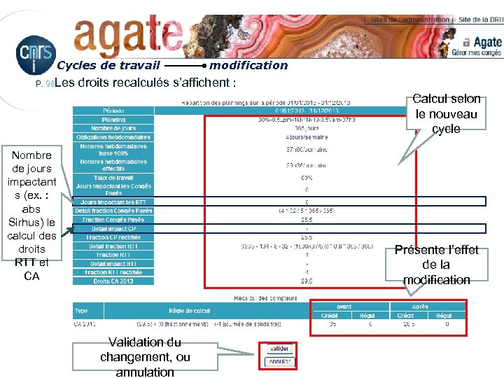 Cycles de travail modification P. 96 Les droits recalculés s’affichent : Calcul selon le