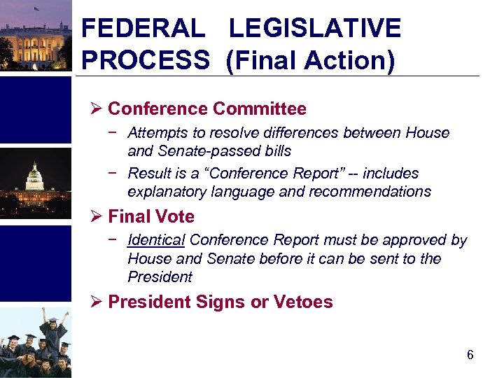 FEDERAL LEGISLATIVE PROCESS (Final Action) Ø Conference Committee − Attempts to resolve differences between