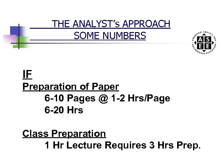 THE ANALYST’s APPROACH SOME NUMBERS IF Preparation of Paper 6 -10 Pages @ 1