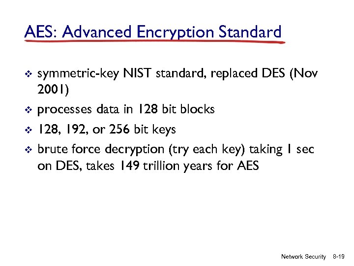 AES: Advanced Encryption Standard v v symmetric-key NIST standard, replaced DES (Nov 2001) processes