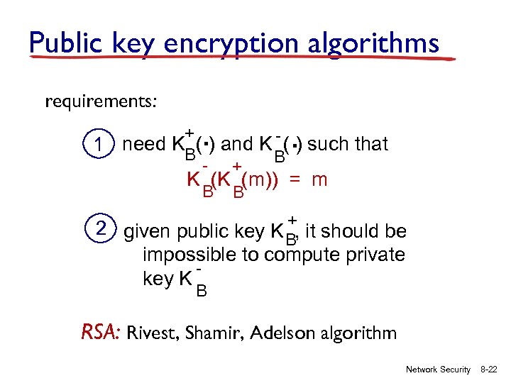Public key encryption algorithms requirements: + . . B need KB( ) and K