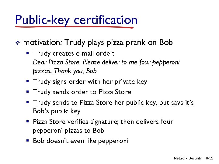 Public-key certification v motivation: Trudy plays pizza prank on Bob § Trudy creates e-mail