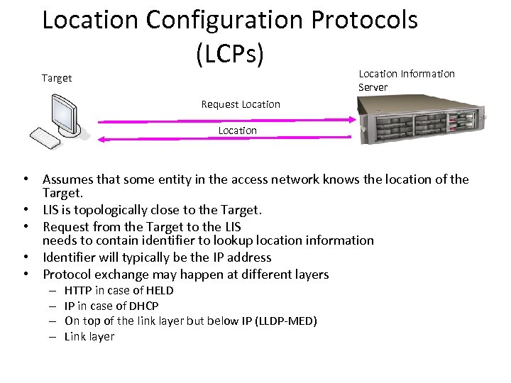 Location Configuration Protocols (LCPs) Location Information Server Target Request Location • Assumes that some