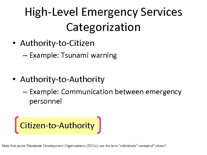 High-Level Emergency Services Categorization • Authority-to-Citizen – Example: Tsunami warning • Authority-to-Authority – Example: