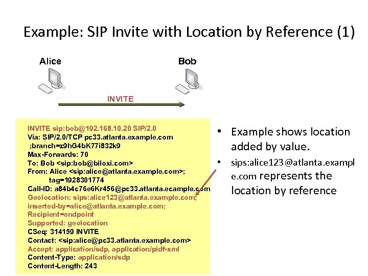 Example: SIP Invite with Location by Reference (1) Alice Bob INVITE sip: bob@192. 168.