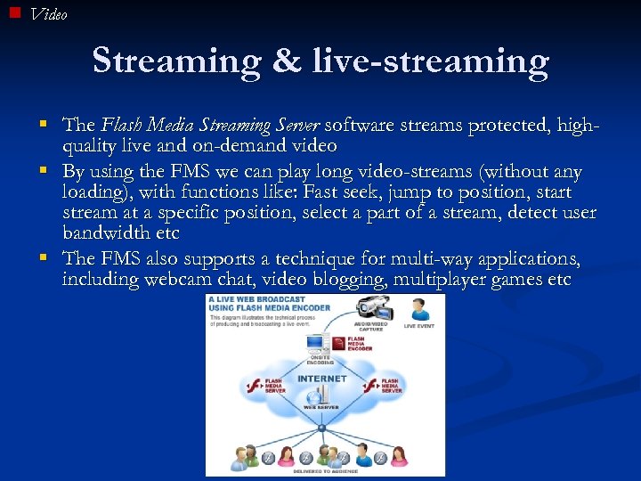 Video Streaming & live-streaming § The Flash Media Streaming Server software streams protected, highquality