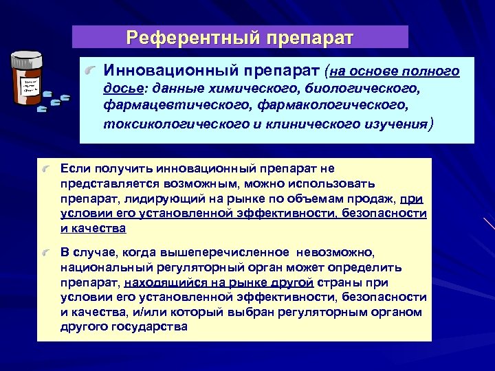 Референтный препарат Инновационный препарат (на основе полного досье: данные химического, биологического, фармацевтического, фармакологического, токсикологического