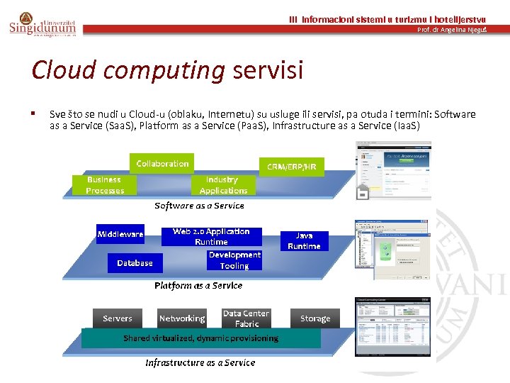 III Informacioni sistemi u turizmu i hotelijerstvu Prof. dr Angelina Njeguš Cloud computing servisi