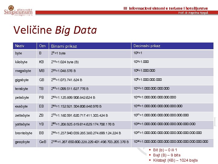 III Informacioni sistemi u turizmu i hotelijerstvu Prof. dr Angelina Njeguš Veličine Big Data