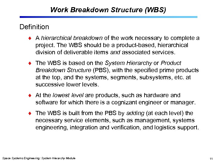 Work Breakdown Structure (WBS) Definition A hierarchical breakdown of the work necessary to complete