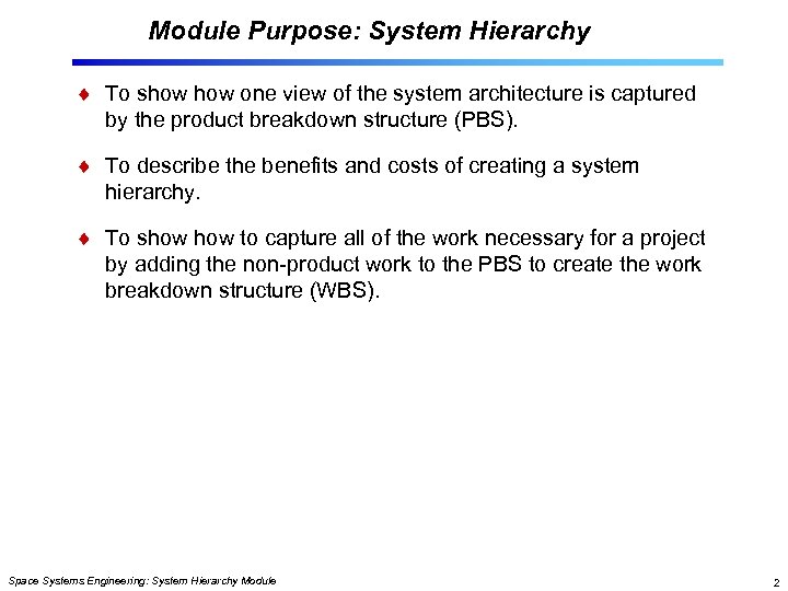 Module Purpose: System Hierarchy To show one view of the system architecture is captured