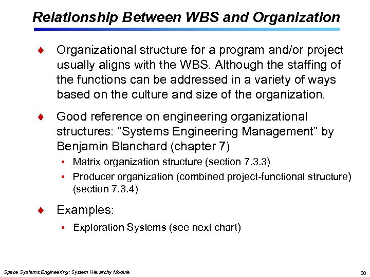 Relationship Between WBS and Organizational structure for a program and/or project usually aligns with