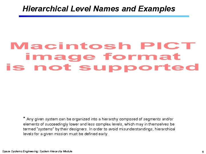 Hierarchical Level Names and Examples * Any given system can be organized into a