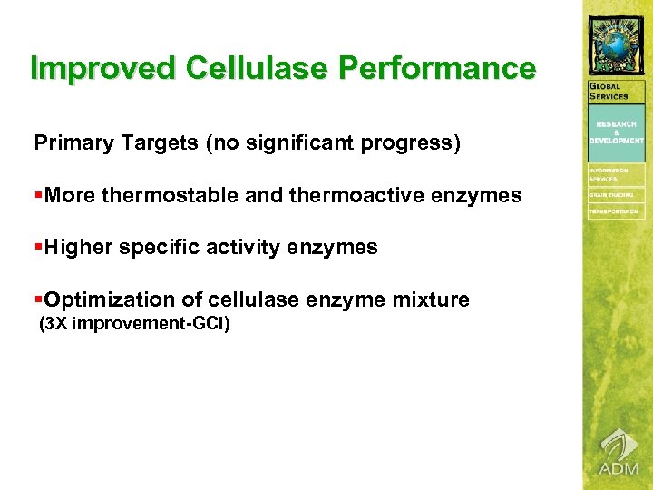 Improved Cellulase Performance Primary Targets (no significant progress) §More thermostable and thermoactive enzymes §Higher