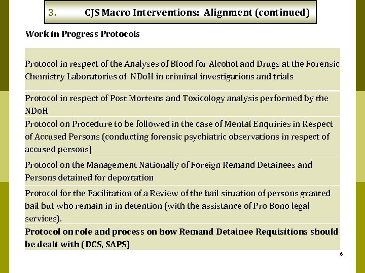 3. CJS Macro Interventions: Alignment (continued) Work in Progress Protocol in respect of the