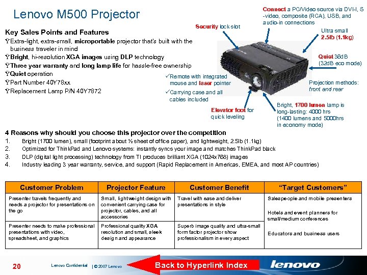 Lenovo M 500 Projector Security lock slot Key Sales Points and Features Ÿ Extra-light,