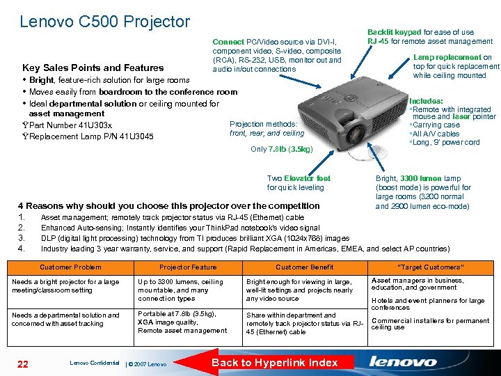 Lenovo C 500 Projector Key Sales Points and Features Connect PC/Video source via DVI-I,