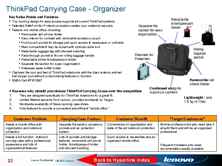 Think. Pad Carrying Case - Organizer Key Sales Points and Features § Top loading