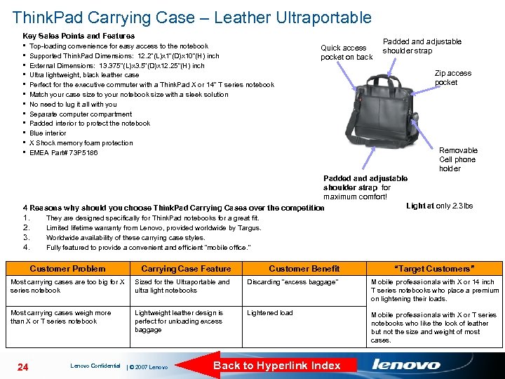 Think. Pad Carrying Case – Leather Ultraportable Key Sales Points and Features § §