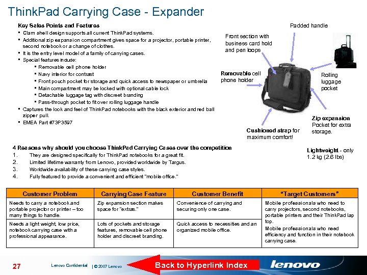Think. Pad Carrying Case - Expander Key Sales Points and Features Padded handle §