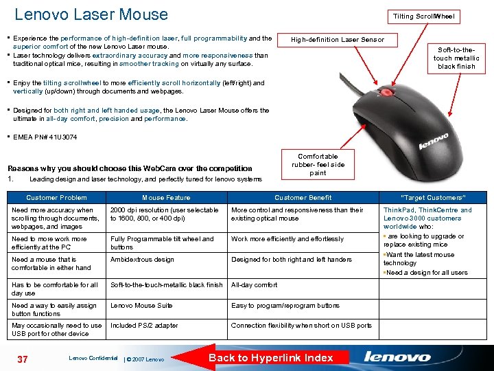 Lenovo Laser Mouse Tilting Scroll. Wheel § Experience the performance of high-definition laser, full