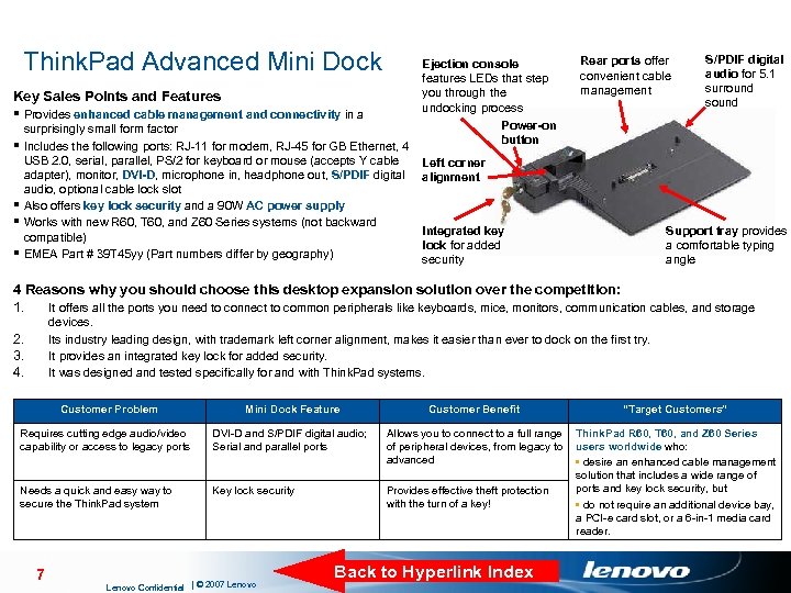 Think. Pad Advanced Mini Dock Key Sales Points and Features § Provides enhanced cable