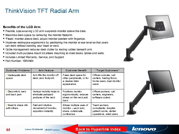  Think. Vision TFT Radial Arm Benefits of the LCD Arm § Flexible, space-saving