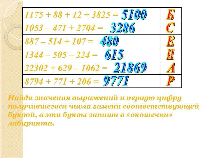 1175 + 88 + 12 + 3825 = 1053 – 471 + 2704 =