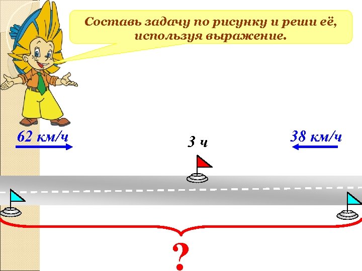 Составь задачу по рисунку и реши её, используя выражение. 62 км/ч 3 ч ?
