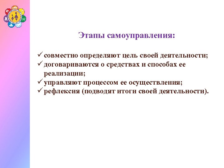 Этапы самоуправления: ü совместно определяют цель своей деятельности; ü договариваются о средствах и способах