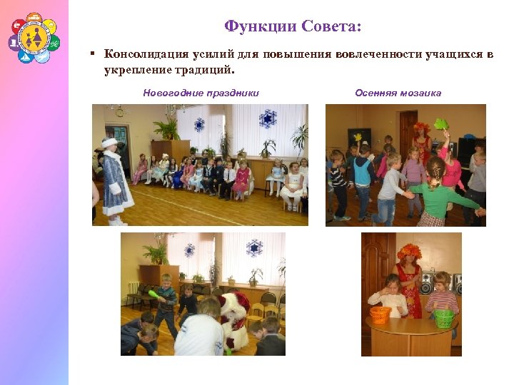 Функции Совета: § Консолидация усилий для повышения вовлеченности учащихся в укрепление традиций. Новогодние праздники